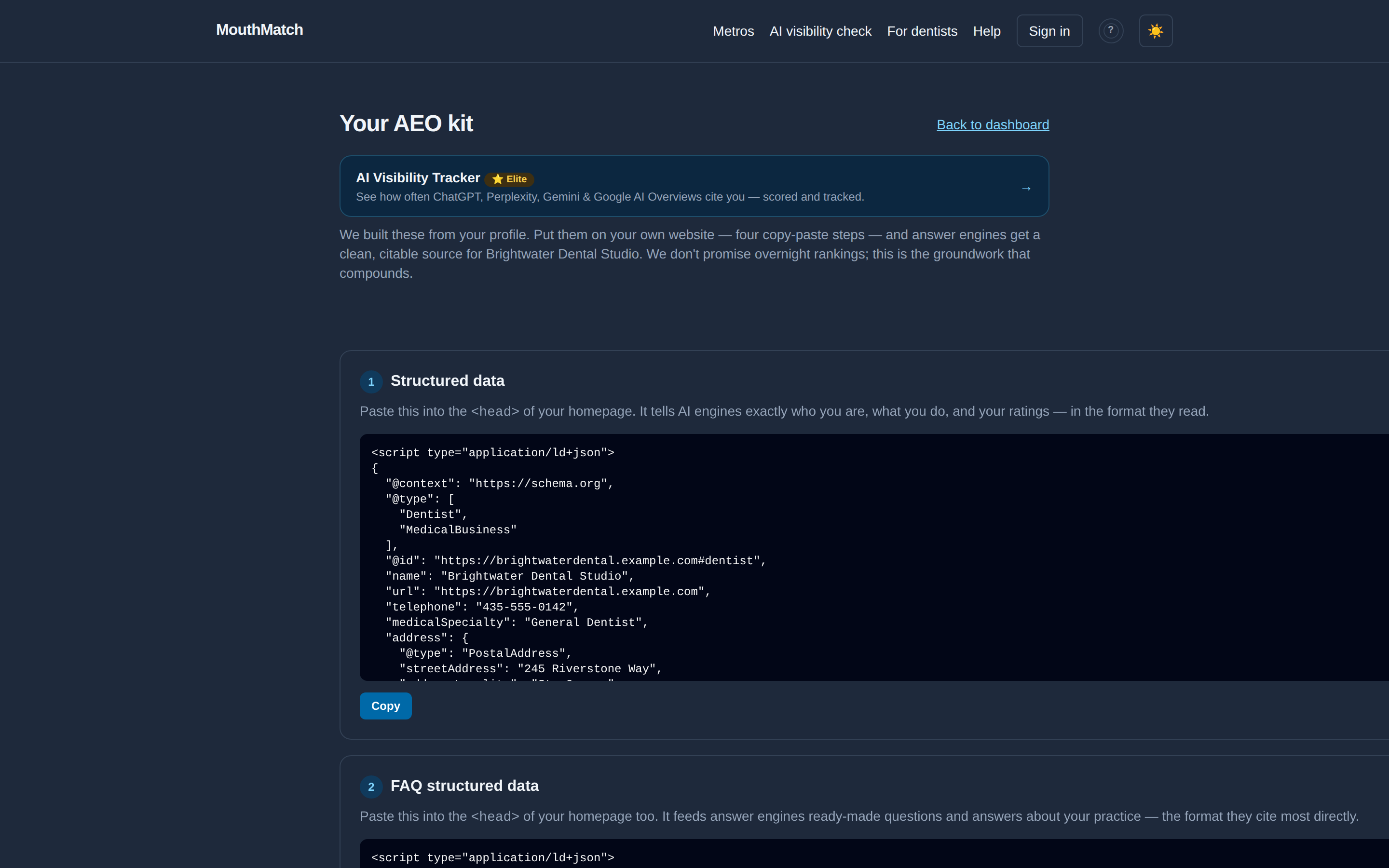 The AEO kit page: numbered copy-paste blocks for structured data, llms.txt, robots.txt and the profile backlink