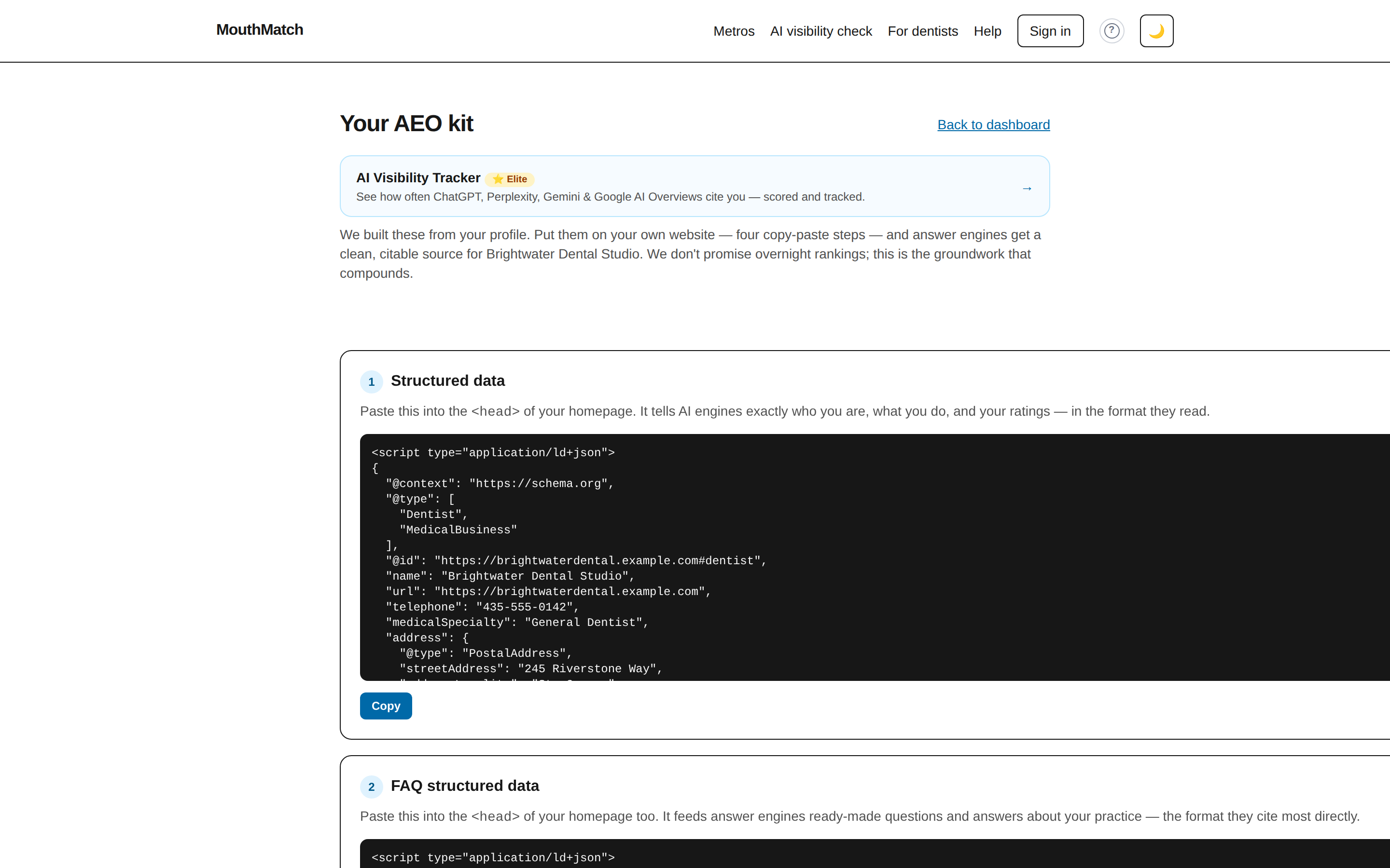 The AEO kit page: numbered copy-paste blocks for structured data, llms.txt, robots.txt and the profile backlink