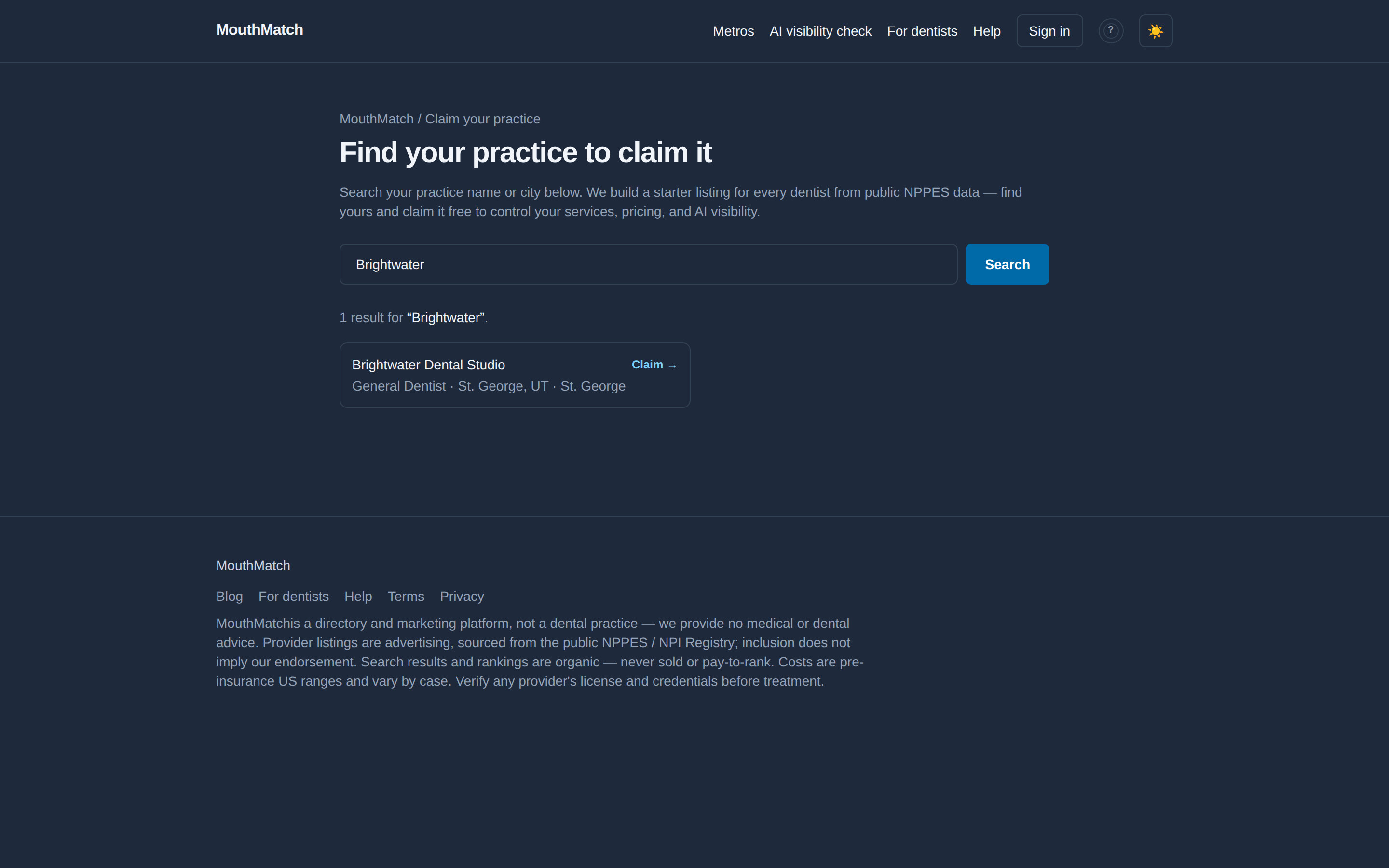 Claim search: type your practice name and click Claim on your listing