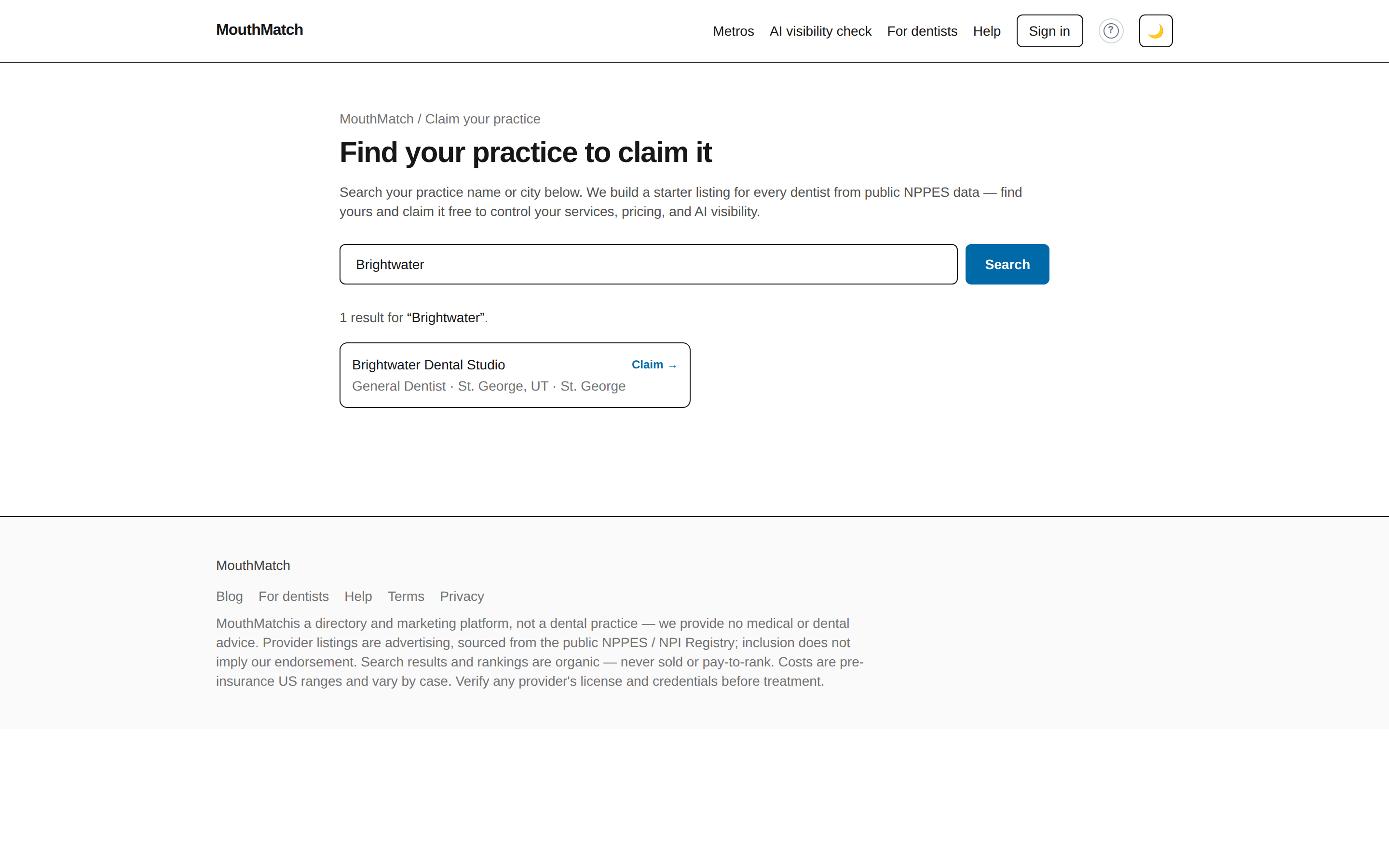 Claim search: type your practice name and click Claim on your listing