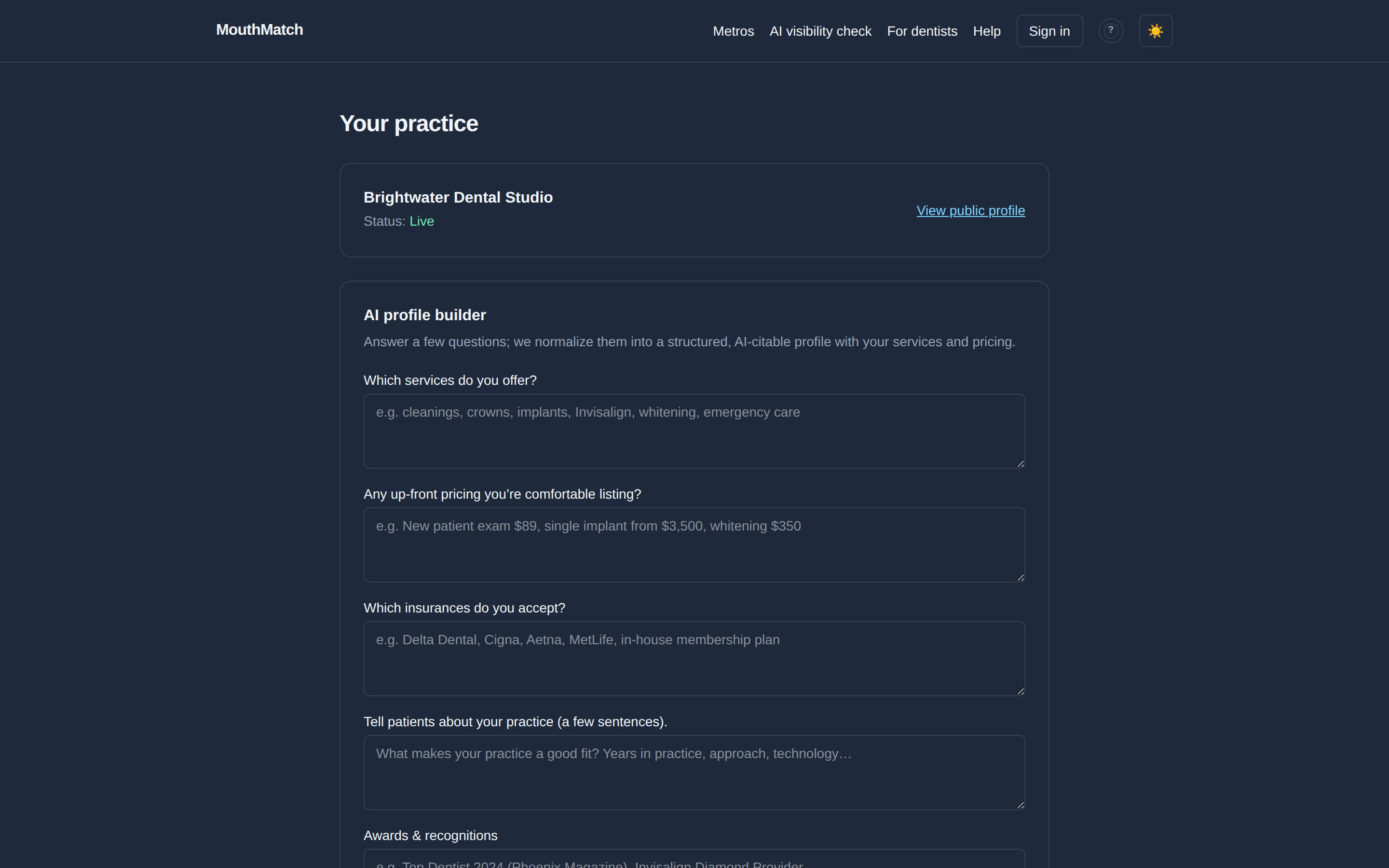 The dentist dashboard: claimed practice with Live status and the profile questions