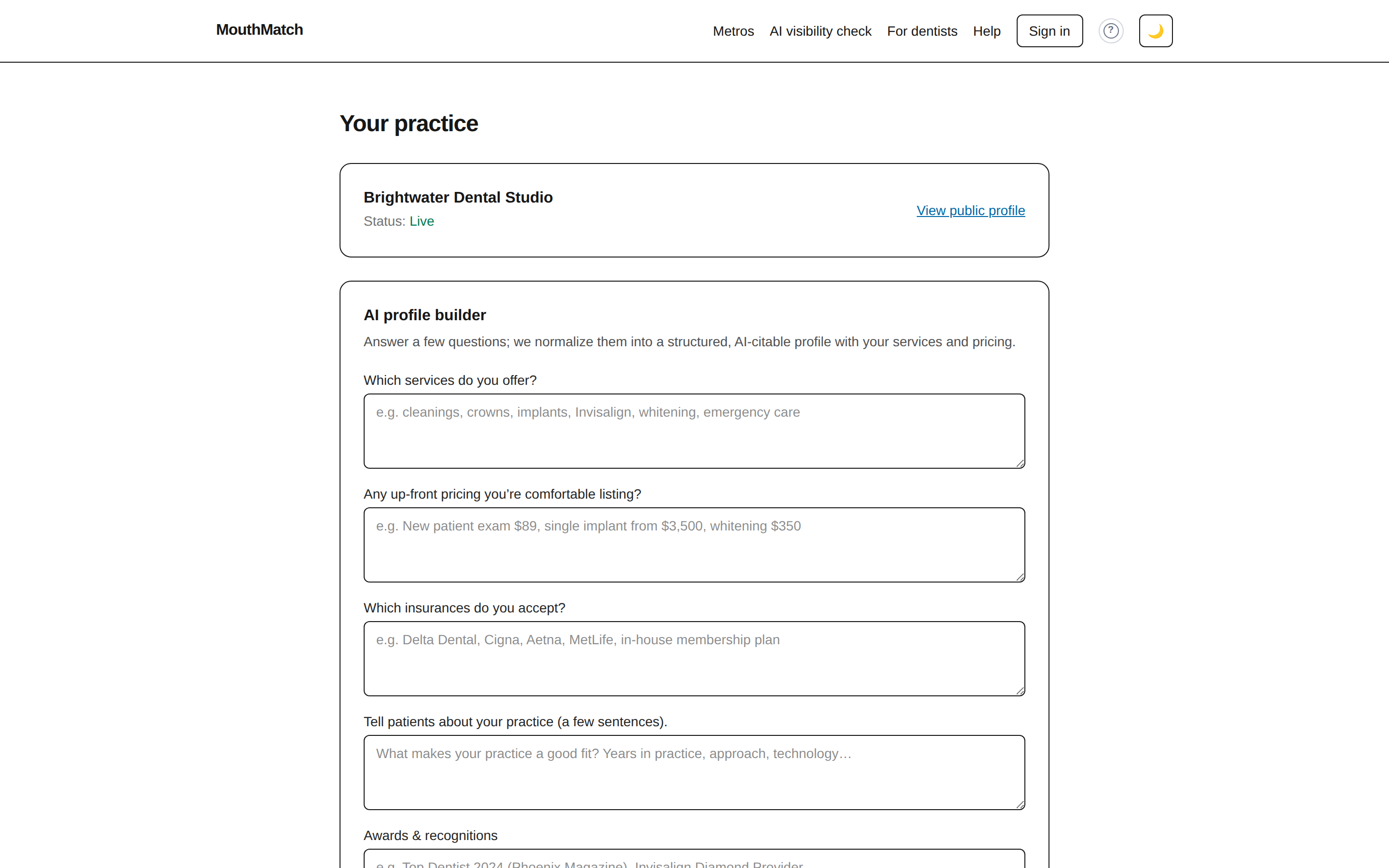 The dentist dashboard: claimed practice with Live status and the profile questions