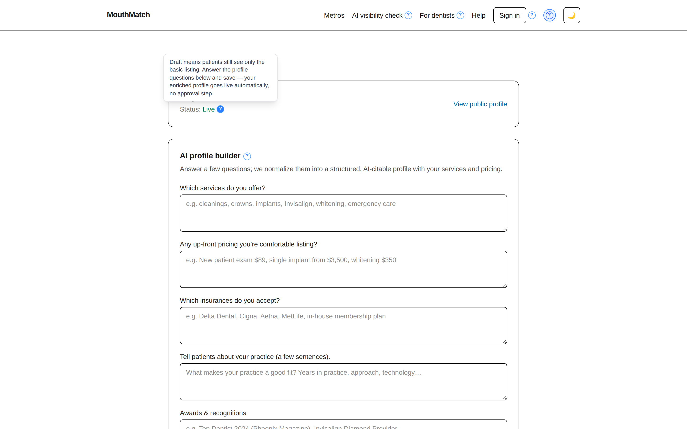 The dentist dashboard with help mode on: question-mark markers next to controls, one open showing a plain-language explanation