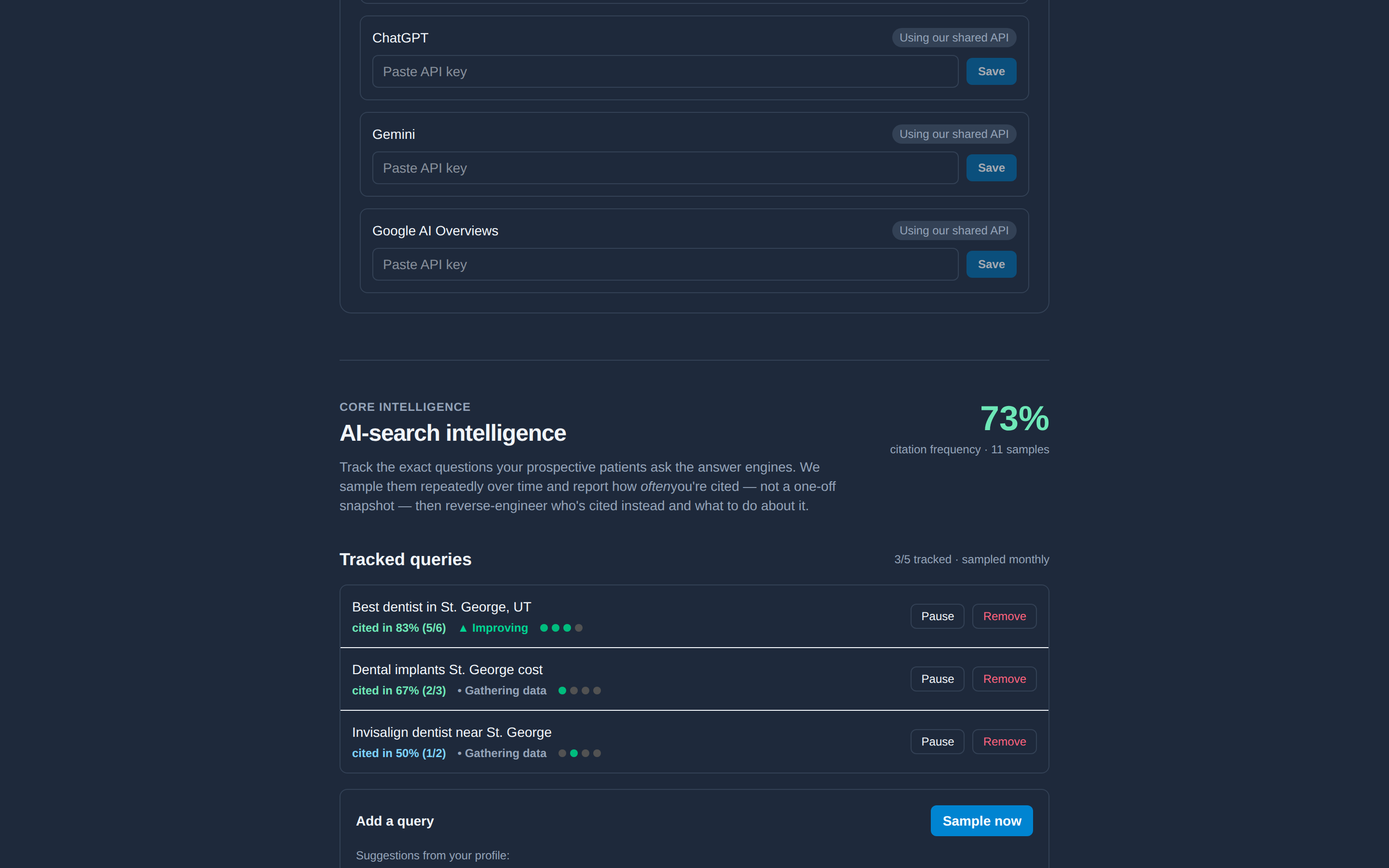AI-search intelligence: tracked patient questions with citation frequency, trend arrows and a prioritized action plan