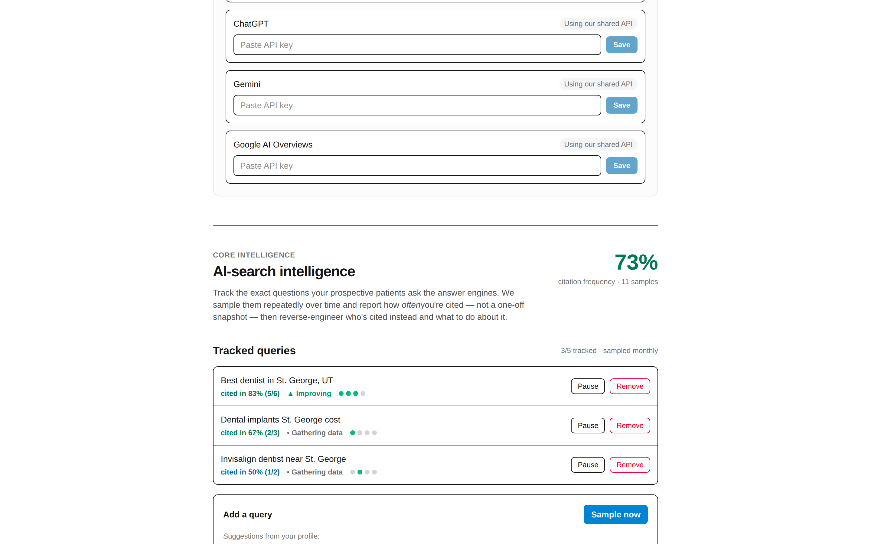 AI-search intelligence: tracked patient questions with citation frequency, trend arrows and a prioritized action plan